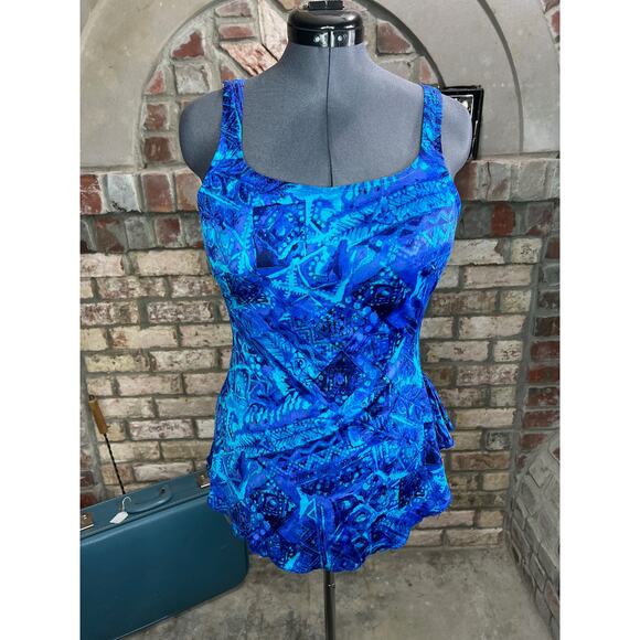 Maxine of hollywood one piece swimsuit geometric blue green - Picture 1 of 13